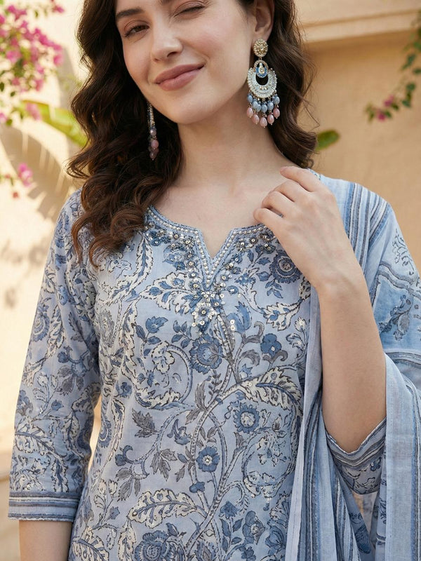 Serene Indigo Bloom Pure Cotton Floral Suit Set with Dupatta