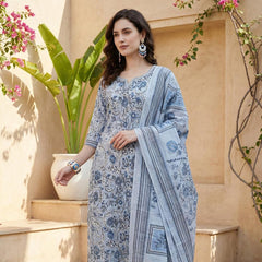Serene Indigo Bloom Pure Cotton Floral Suit Set with Dupatta