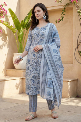 Serene Indigo Bloom Pure Cotton Floral Suit Set with Dupatta