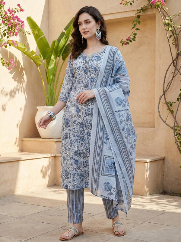 Serene Indigo Bloom Pure Cotton Floral Suit Set with Dupatta