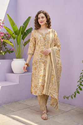 Golden Meadow Floral Pure Cotton Suit Set with Dupatta – Warm & Elegant Ethnic Ensemble