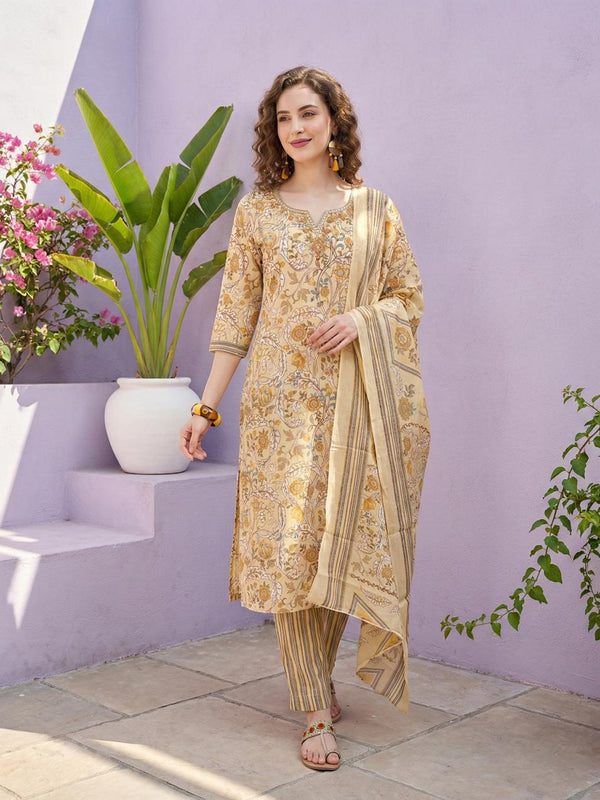 Golden Meadow Floral Pure Cotton Suit Set with Dupatta – Warm & Elegant Ethnic Ensemble