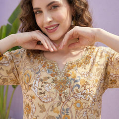 Golden Meadow Floral Pure Cotton Suit Set with Dupatta – Warm & Elegant Ethnic Ensemble