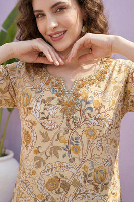 Golden Meadow Floral Pure Cotton Suit Set with Dupatta – Warm & Elegant Ethnic Ensemble