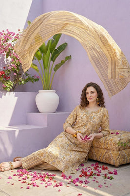 Golden Meadow Floral Pure Cotton Suit Set with Dupatta – Warm & Elegant Ethnic Ensemble