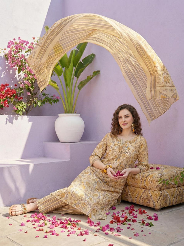Golden Meadow Floral Pure Cotton Suit Set with Dupatta – Warm & Elegant Ethnic Ensemble