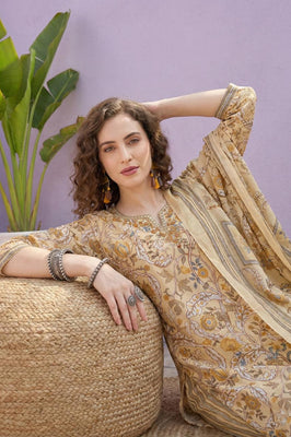 Golden Meadow Floral Pure Cotton Suit Set with Dupatta – Warm & Elegant Ethnic Ensemble