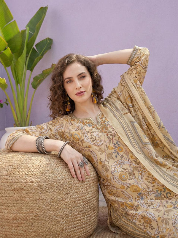 Golden Meadow Floral Pure Cotton Suit Set with Dupatta – Warm & Elegant Ethnic Ensemble