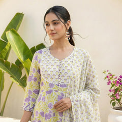 Lavender Bloom Floral Pure Cotton Suit Set with Dupatta