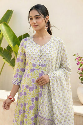 Lavender Bloom Floral Pure Cotton Suit Set with Dupatta