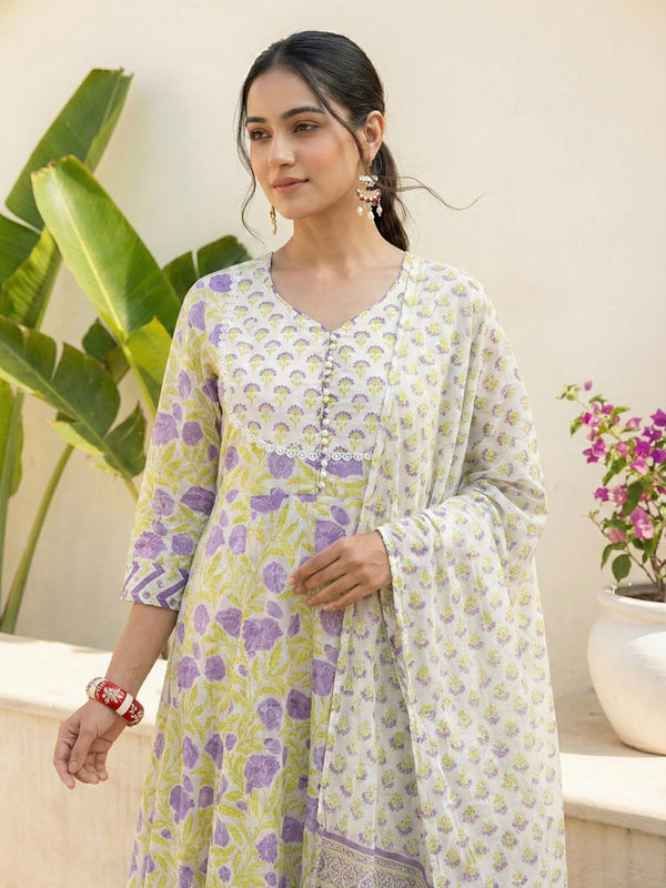 Lavender Bloom Floral Pure Cotton Suit Set with Dupatta
