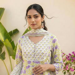 Lavender Bloom Floral Pure Cotton Suit Set with Dupatta