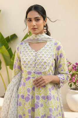 Lavender Bloom Floral Pure Cotton Suit Set with Dupatta
