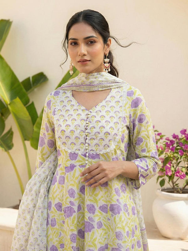 Lavender Bloom Floral Pure Cotton Suit Set with Dupatta