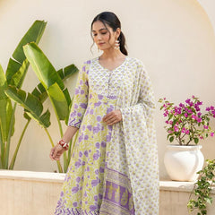 Lavender Bloom Floral Pure Cotton Suit Set with Dupatta