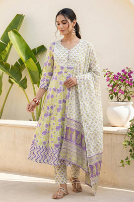 Lavender Bloom Floral Pure Cotton Suit Set with Dupatta