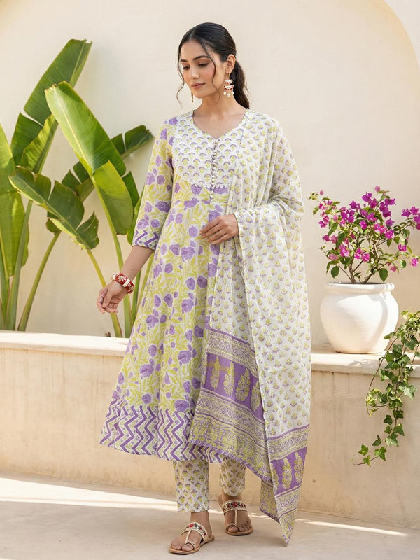 Lavender Bloom Floral Pure Cotton Suit Set with Dupatta