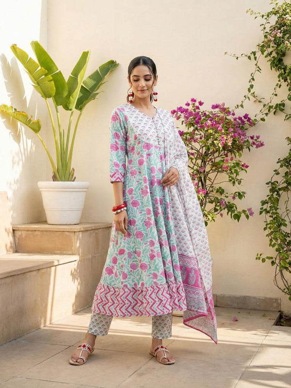 Petal Charm Pink Floral Cotton Suit Set