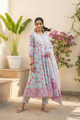 Petal Charm Pink Floral Cotton Suit Set