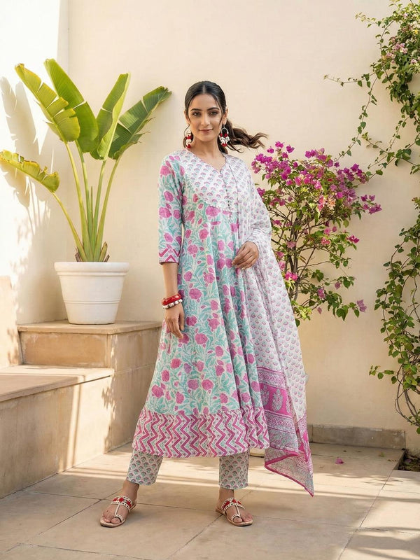 Petal Charm Pink Floral Cotton Suit Set