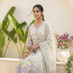 Lavender Bloom Floral Pure Cotton Suit Set with Dupatta