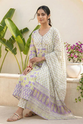 Lavender Bloom Floral Pure Cotton Suit Set with Dupatta