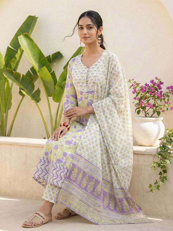 Lavender Bloom Floral Pure Cotton Suit Set with Dupatta