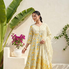 Golden Garden Yellow Cotton Suit Set with Dupatta