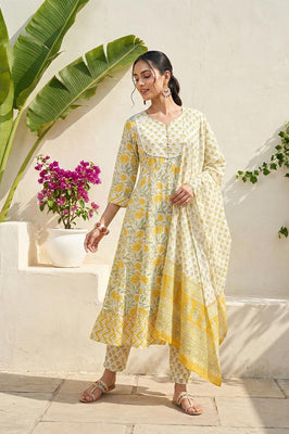 Golden Garden Yellow Cotton Suit Set with Dupatta