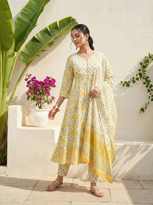 Golden Garden Yellow Cotton Suit Set with Dupatta
