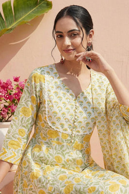 Golden Garden Yellow Cotton Suit Set with Dupatta