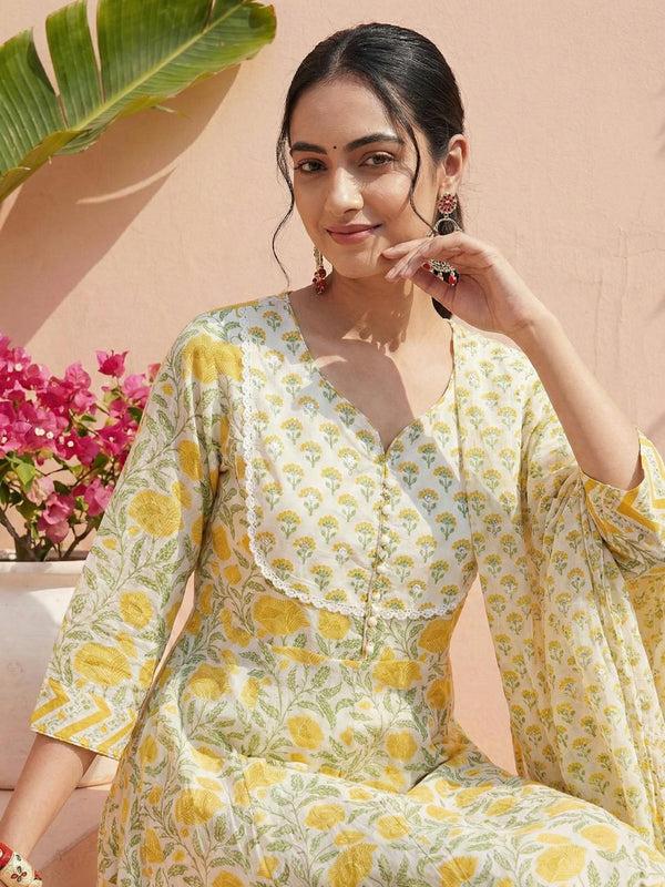 Golden Garden Yellow Cotton Suit Set with Dupatta
