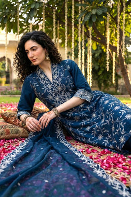 Ocean Blue Festive Cotton Suit with Elegant Dupatta