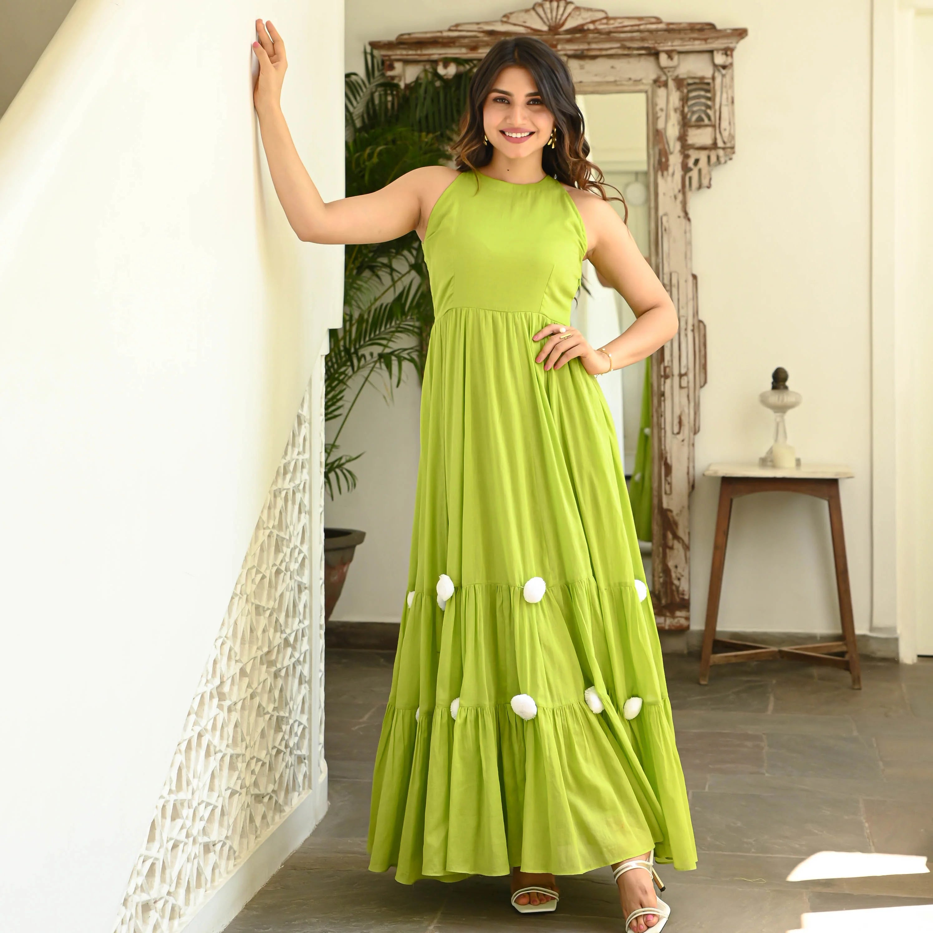 Indolady Cotton Slub Lime Green Tiered Maxi Dres