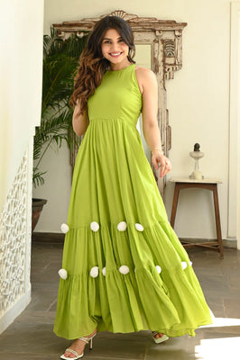 Indolady Cotton Slub Lime Green Tiered Maxi Dres