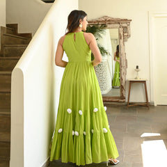 Indolady Cotton Slub Lime Green Tiered Maxi Dres