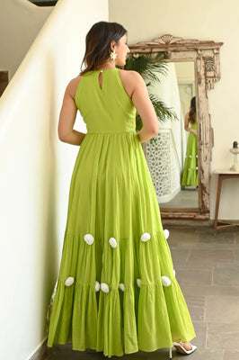 Indolady Cotton Slub Lime Green Tiered Maxi Dres