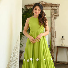 Indolady Cotton Slub Lime Green Tiered Maxi Dres