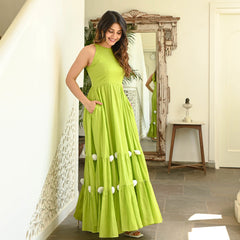 Indolady Cotton Slub Lime Green Tiered Maxi Dres