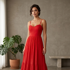 Indolady Scarlet Red Muse Back-Tie Flared Maxi Dress – Elegant Statement Rayon Gown