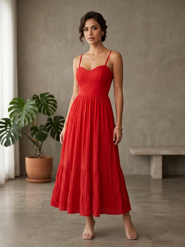 Indolady Scarlet Red Muse Back-Tie Flared Maxi Dress – Elegant Statement Rayon Gown
