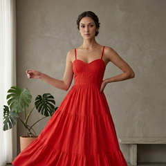 Indolady Scarlet Red Muse Back-Tie Flared Maxi Dress – Elegant Statement Rayon Gown