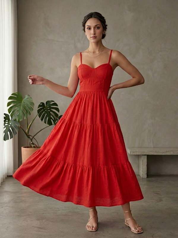 Indolady Scarlet Red Muse Back-Tie Flared Maxi Dress – Elegant Statement Rayon Gown