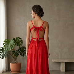 Indolady Scarlet Red Muse Back-Tie Flared Maxi Dress – Elegant Statement Rayon Gown