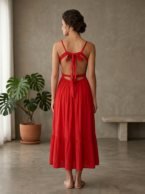 Indolady Scarlet Red Muse Back-Tie Flared Maxi Dress – Elegant Statement Rayon Gown