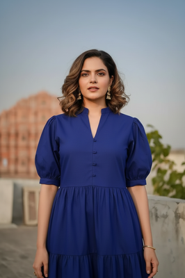 Indolady Royal Blue Breeze Tiered Cotton Maxi Dress