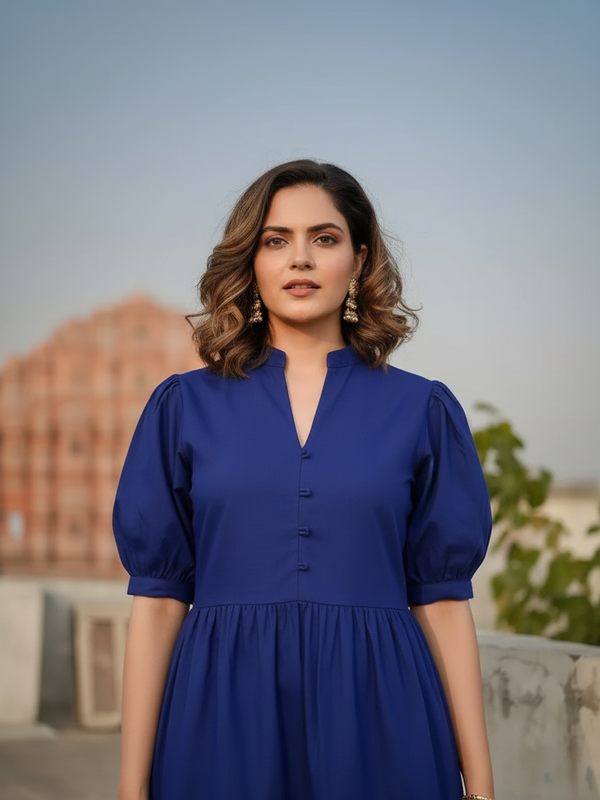 Indolady Royal Blue Breeze Tiered Cotton Maxi Dress
