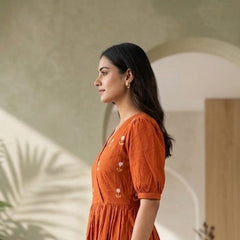 Rust Orange Handwork Midi | Soft Rayon Fabric