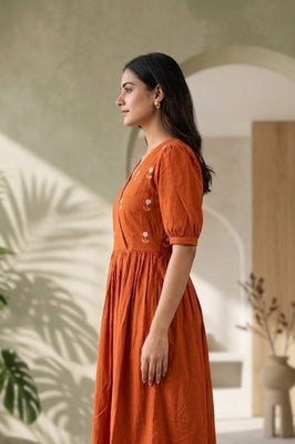 Rust Orange Handwork Midi | Soft Rayon Fabric