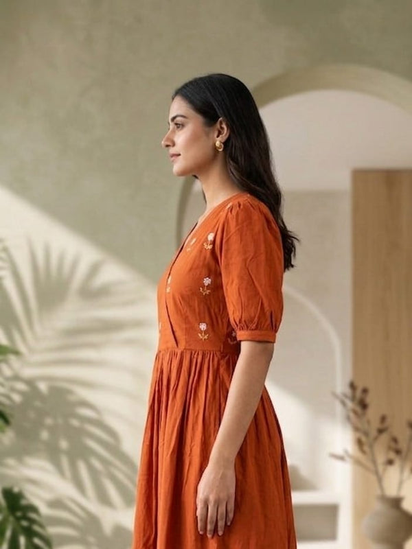 Rust Orange Handwork Midi | Soft Rayon Fabric